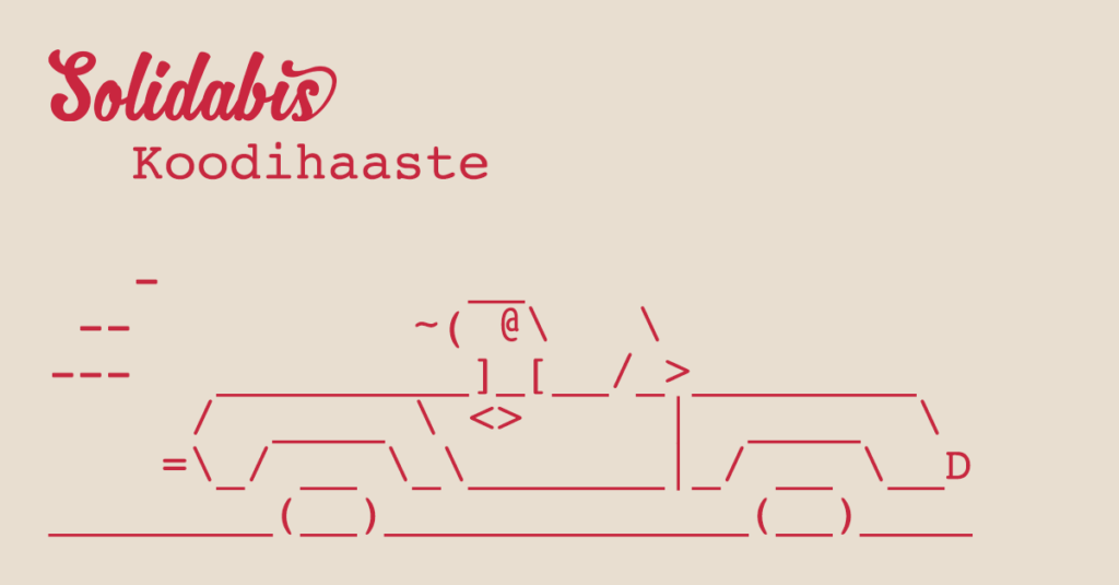 Kuvituskuva, koodihaaste kuvitus: Ascii-grafiikalla tehty auto ja Solidabis-logo.