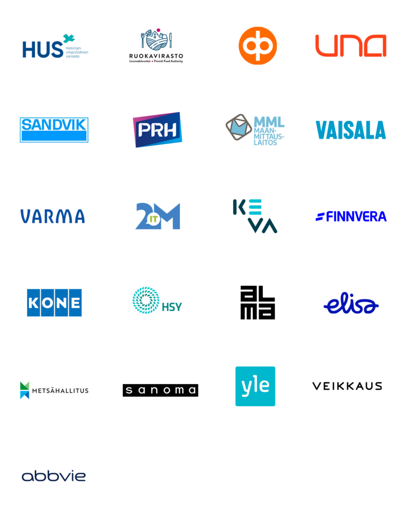 Kuvia Solidabiksen asiakkaiden logoista, mm. HUS, Ruokavirasto, OP, UNA, Sandvik, Prh, MML, Vaisala, Varma, 2MIT, Keva, Finnvera, Kone....
