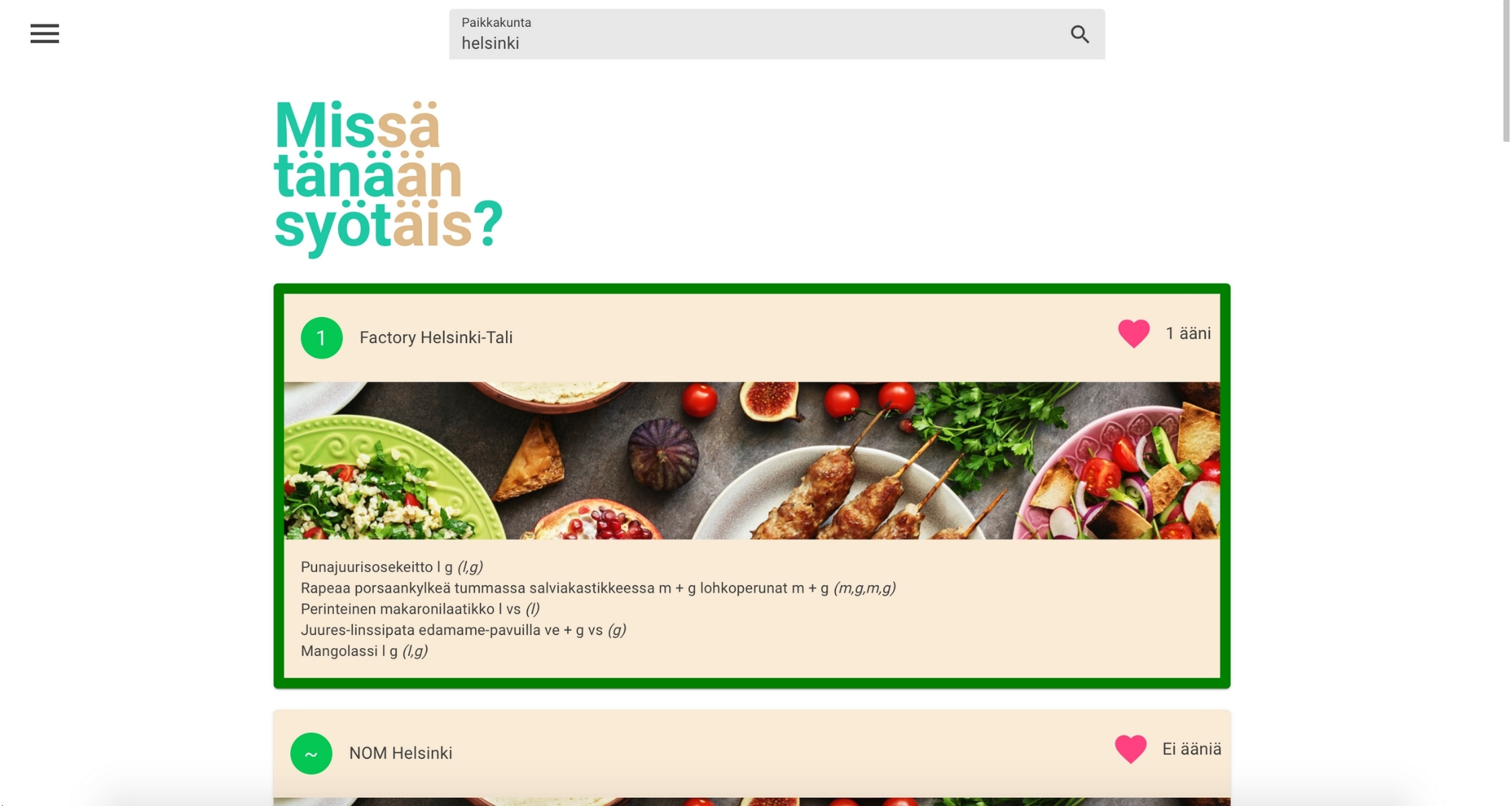 Koodihaasteen 3. sijan ratkaisun screenshot: Missä tänään syötäis? -niminen äänestysapplikaatio.
Väreinä turkoosi, beige, virheä ja pinkki, tekstit mustalla ja raikkaita ruokakuvia.