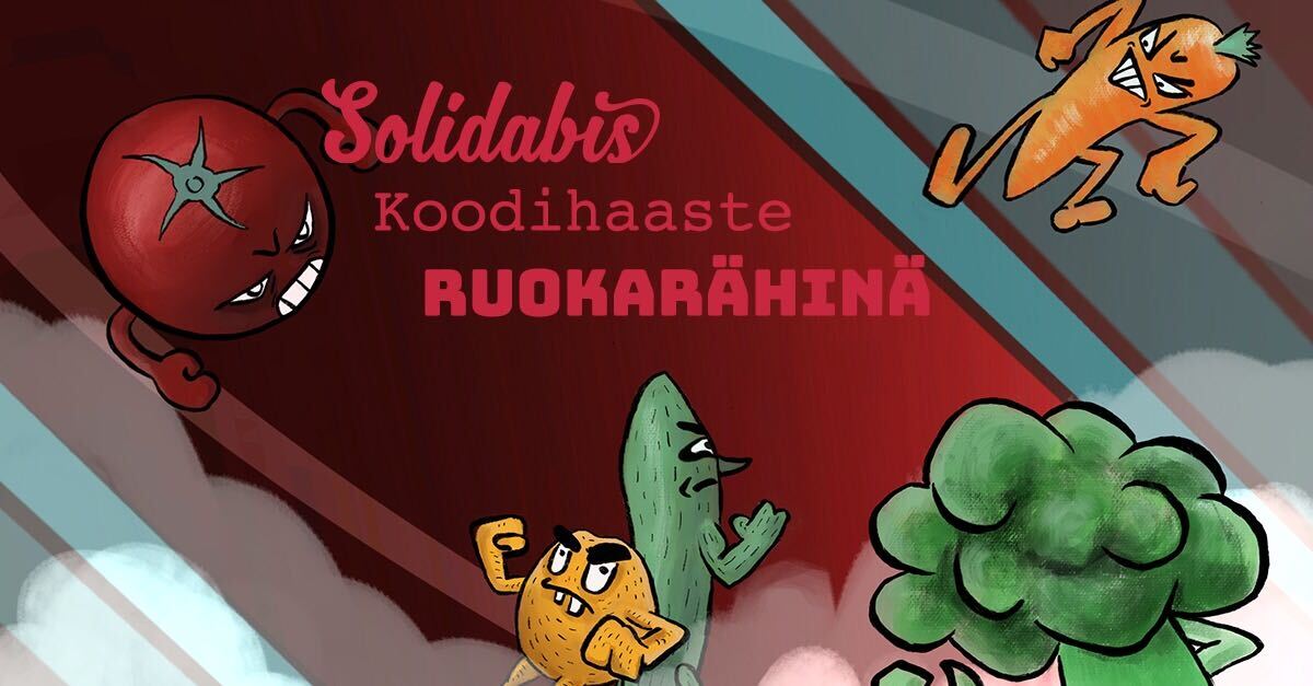 Kuvassa tekstit: Solidabis Koodihaaste Ruokarähinä. Taustalla vihaisen näköisiä kasviksia.