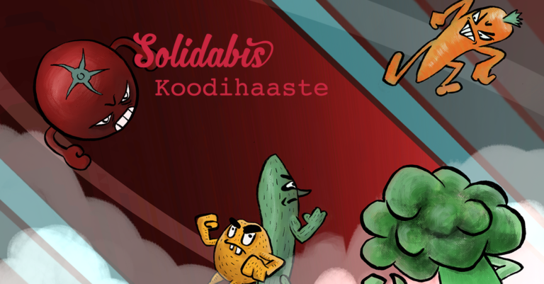 Kuvan teksti: Solidabis Koodihaaste. Taustalla vihaisen näköisiä piirrettyjä kasviksia.